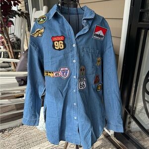 Women’s Denim Button Down Shirt with patches. Size M